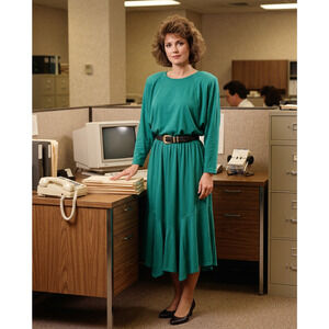 Vintage Choon of California 80's Green Dress 2X midi jersey knit western flare